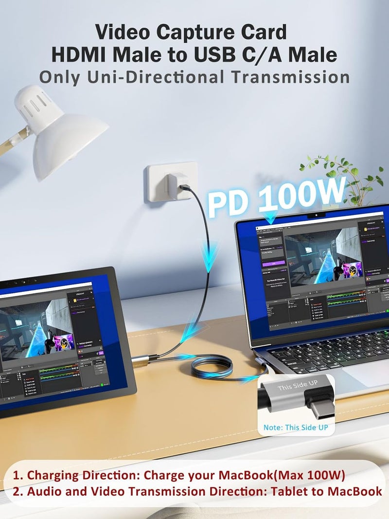 ZNZB بطاقة التقاط الفيديو مع PD 100W لـ Meta Quest 2/3/3s، محول HDMI إلى USB C/USB A 1080P@60FPS للبث المباشر وتسجيل الفيديو والصوت للألعاب، بطاقة التقاط HDMI للكمبيوتر، سويتش، PS4/5، Xbox، كاميرا، OBS، VR - Image 2